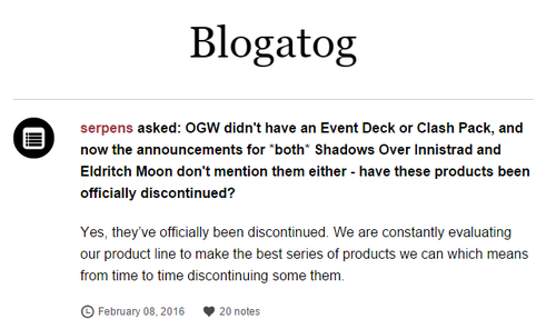 MaRo na svém blogu oznamuje zrušení Clash Packů a Event Decků